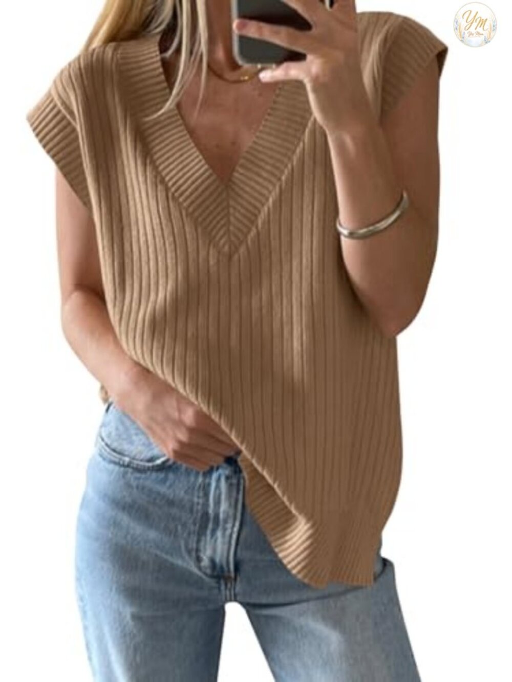 Saodimallsu Womens Sleeveless Ribbed Knit V Neck Sweater Vest Loose Fit